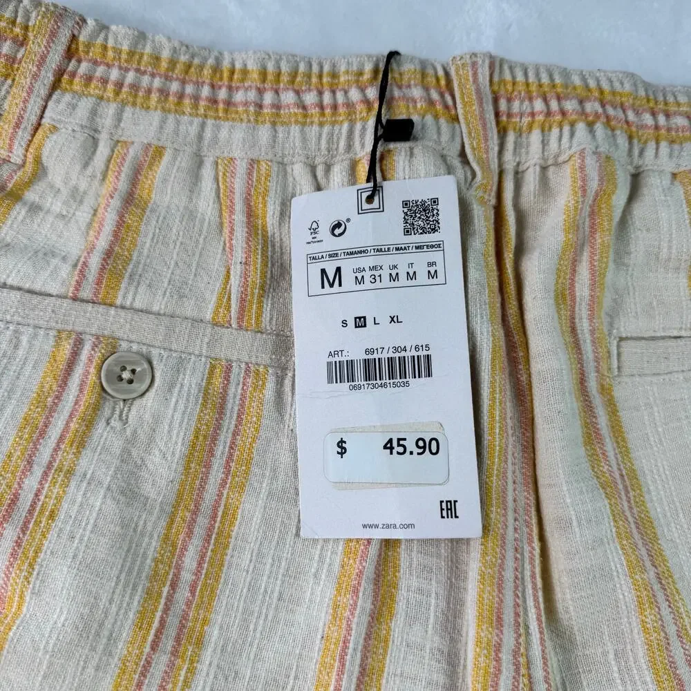 Zara Men Linen Blend Shorts Yellow Pink Old Money Resort Casual Size M NWT - Picture 9 of 11